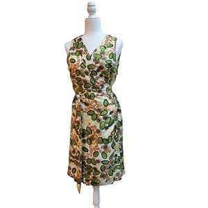 Hartford 100% Silk Wrap Dress with attached Belt, Green and Cream, Size Small